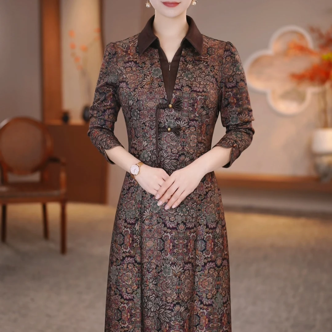 2025春秋新款长袖洋气改良旗袍妈妈装连衣裙（飞）LS1022