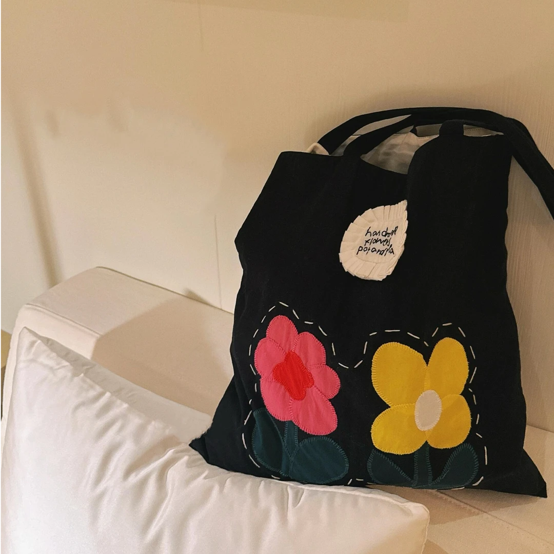 2025新款敲好用大容量休闲时尚百搭拼接花朵单肩布包田园风布袋包