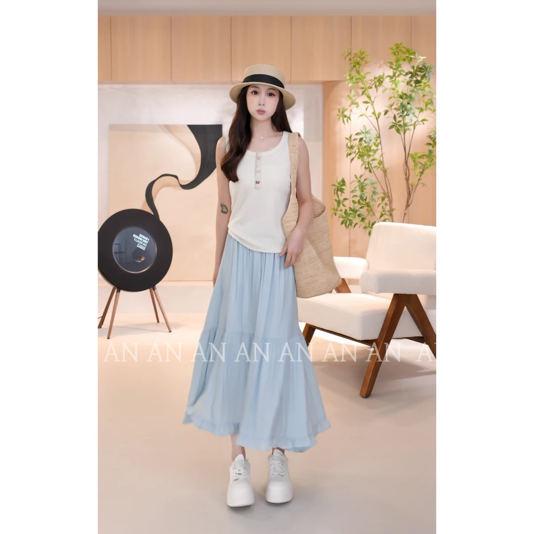 C03056新款法式甜美欧若风中长款遮胯高腰蓝色荷叶边半身裙