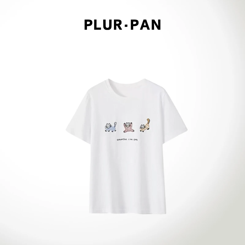 PLUR·PAN三只小猫刺绣百搭圆领短袖T恤