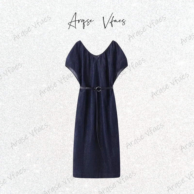 [ARQSEVFAES正品]—2025V领女装夏季复古龟纹丝连衣裙50429011