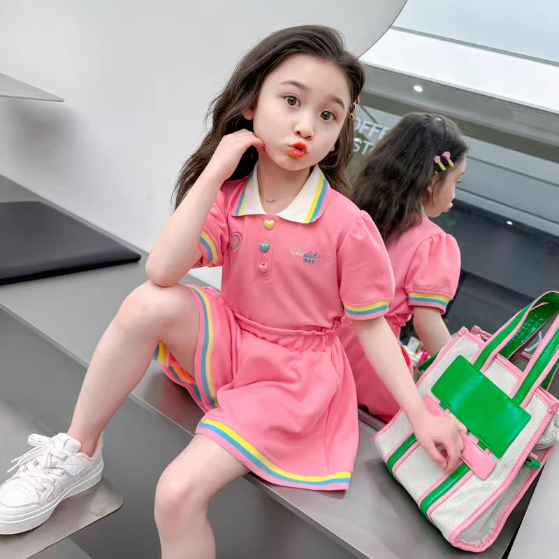 女童套装夏装2025新款儿童洋气短袖polo衫宝宝时髦短裤两件套夏季