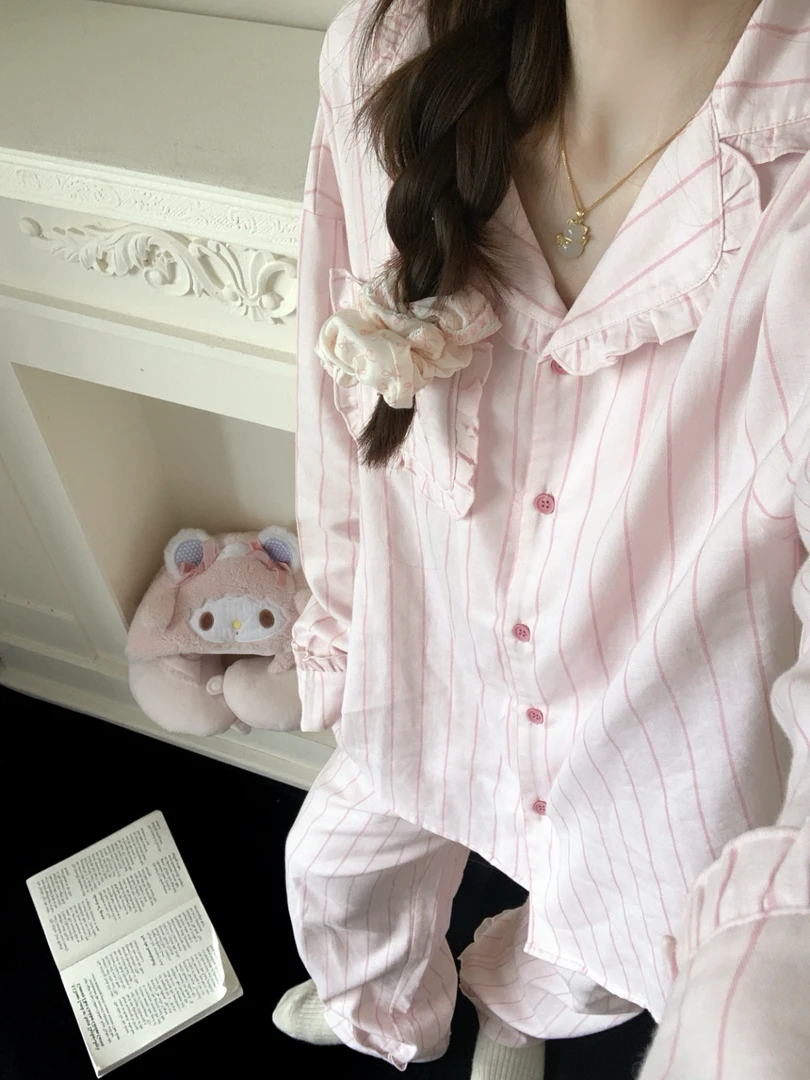 甜美粉条纹荷叶边睡衣女款春秋季舒适宽松显瘦家居服套装可外穿