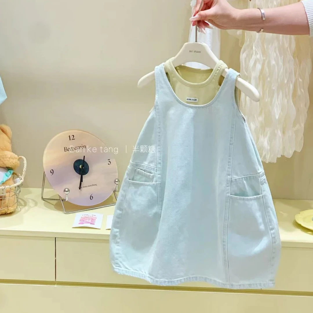 女童夏季新款牛仔背心裙套装女宝宝夏天吊带衫牛仔连衣裙两件套