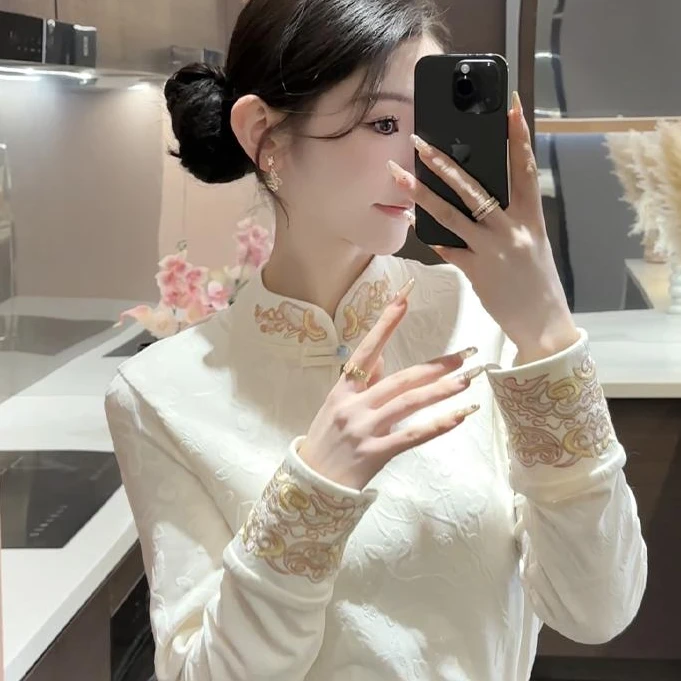 2025新中式刺绣提花长袖T恤衫保暖气质设计感小衫加绒ZD