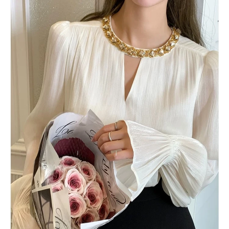 【晨浠定制】新款法式钻领长袖上衣9253