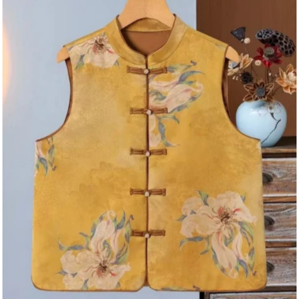 春夏女士百搭立领单排扣双面提花复古缎面马甲