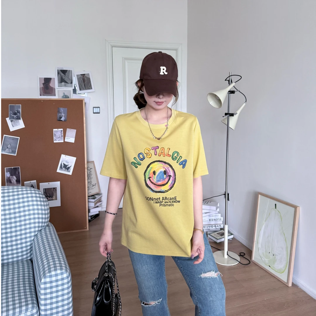软软【彩绘笑脸T】休闲宽松潮流印花韩版胸前笑脸圆领短袖T恤