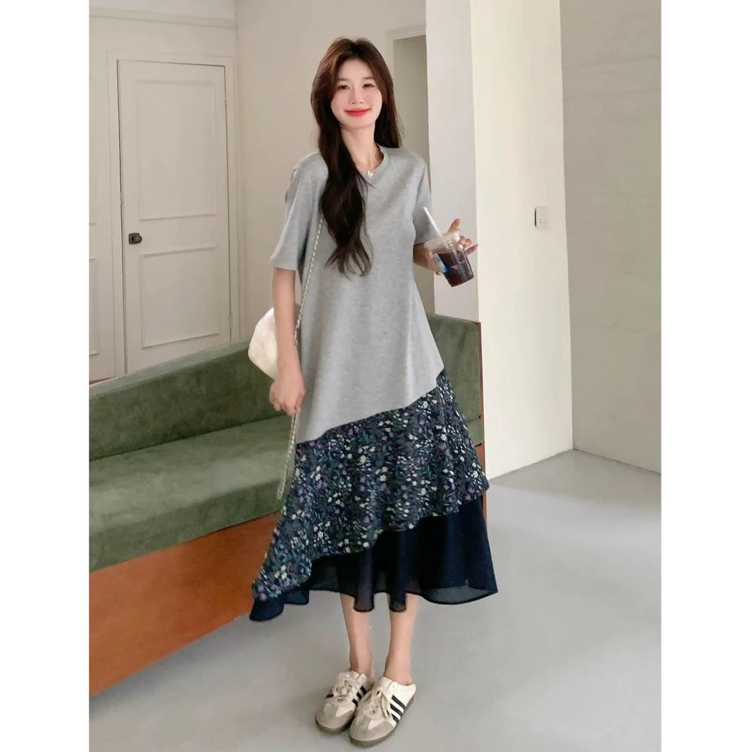 6683 长裙连衣裙拼接减龄A字裙洋气夏季不规则拼接裙子夏装【韩各】