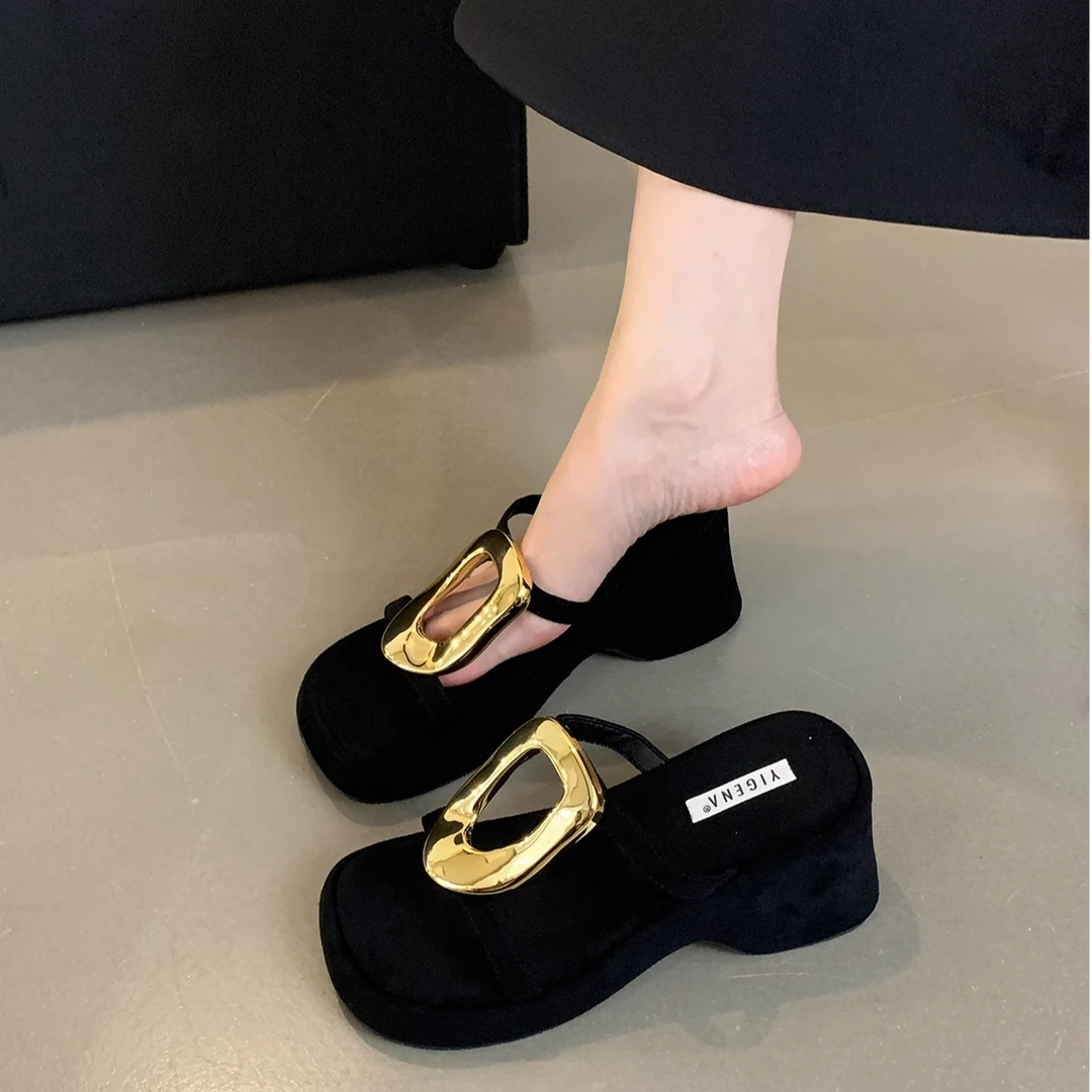 小众设计百搭黑色小众7cm-厚底拖鞋女夏外穿软底配裙子金属扣凉鞋