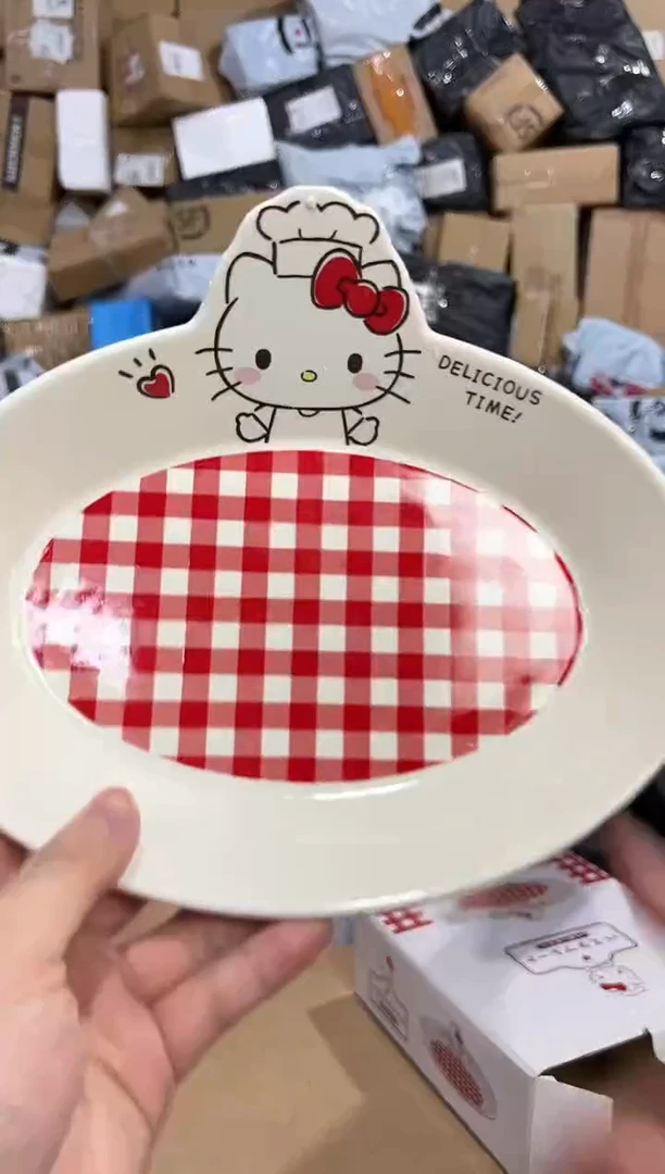 瓷片原盒kt猫红格子餐盘微瑕