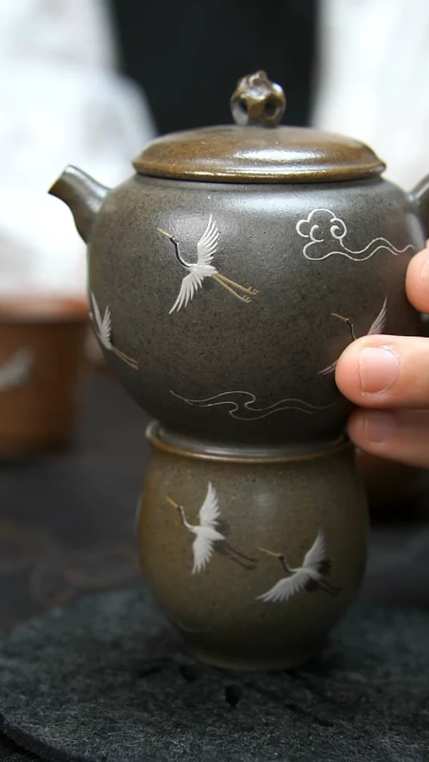 茶壶紫砂青 柴烧飞鹤壶160cc+杯