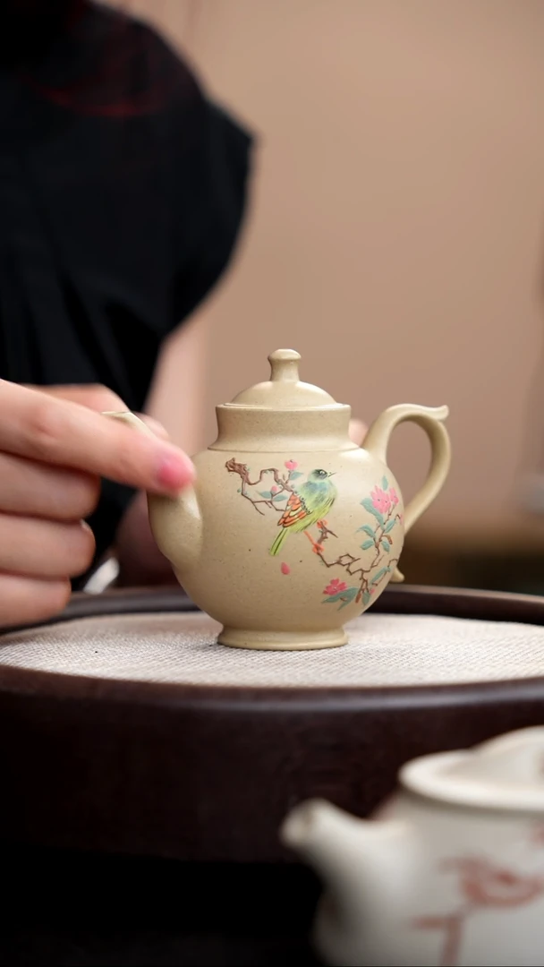 茶壶紫砂本山绿玉露泥绘花鸟