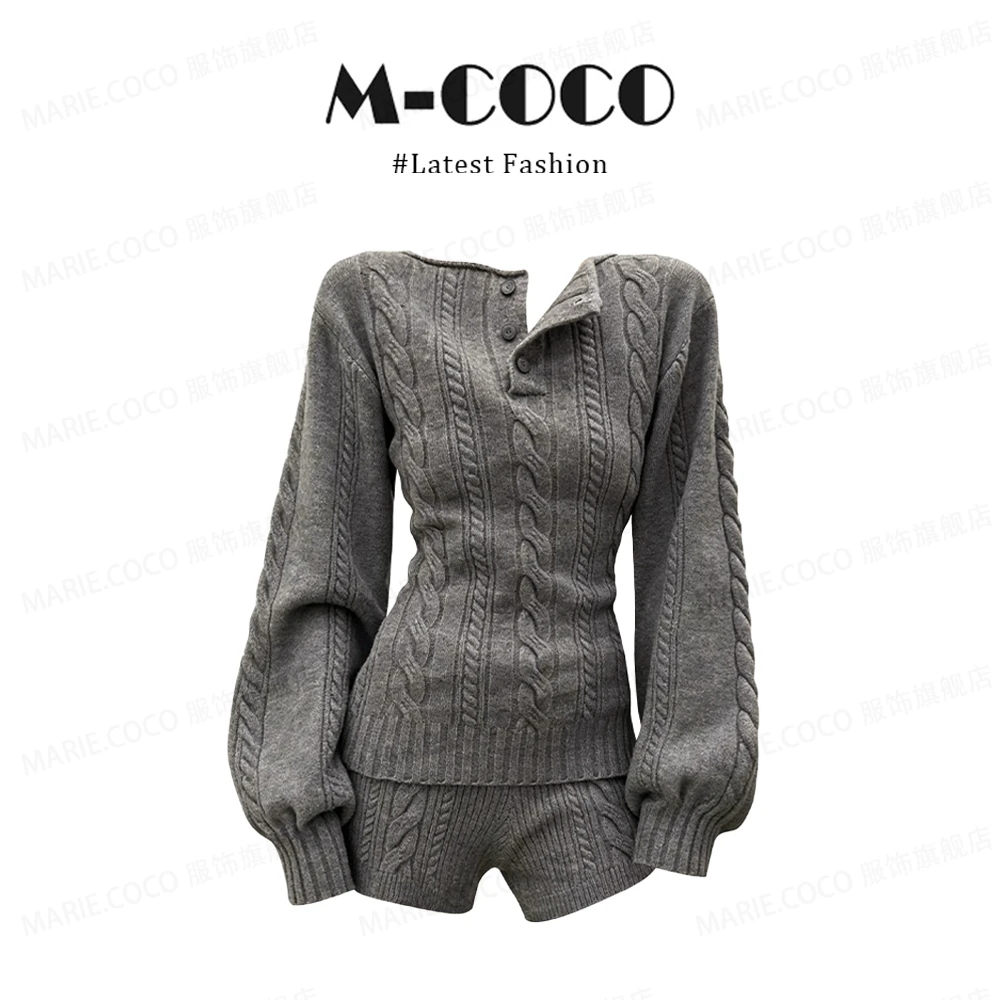 慵懒风灰色麻花毛衣亨利领针织衫上衣时尚短裤冬季时尚套装两件套