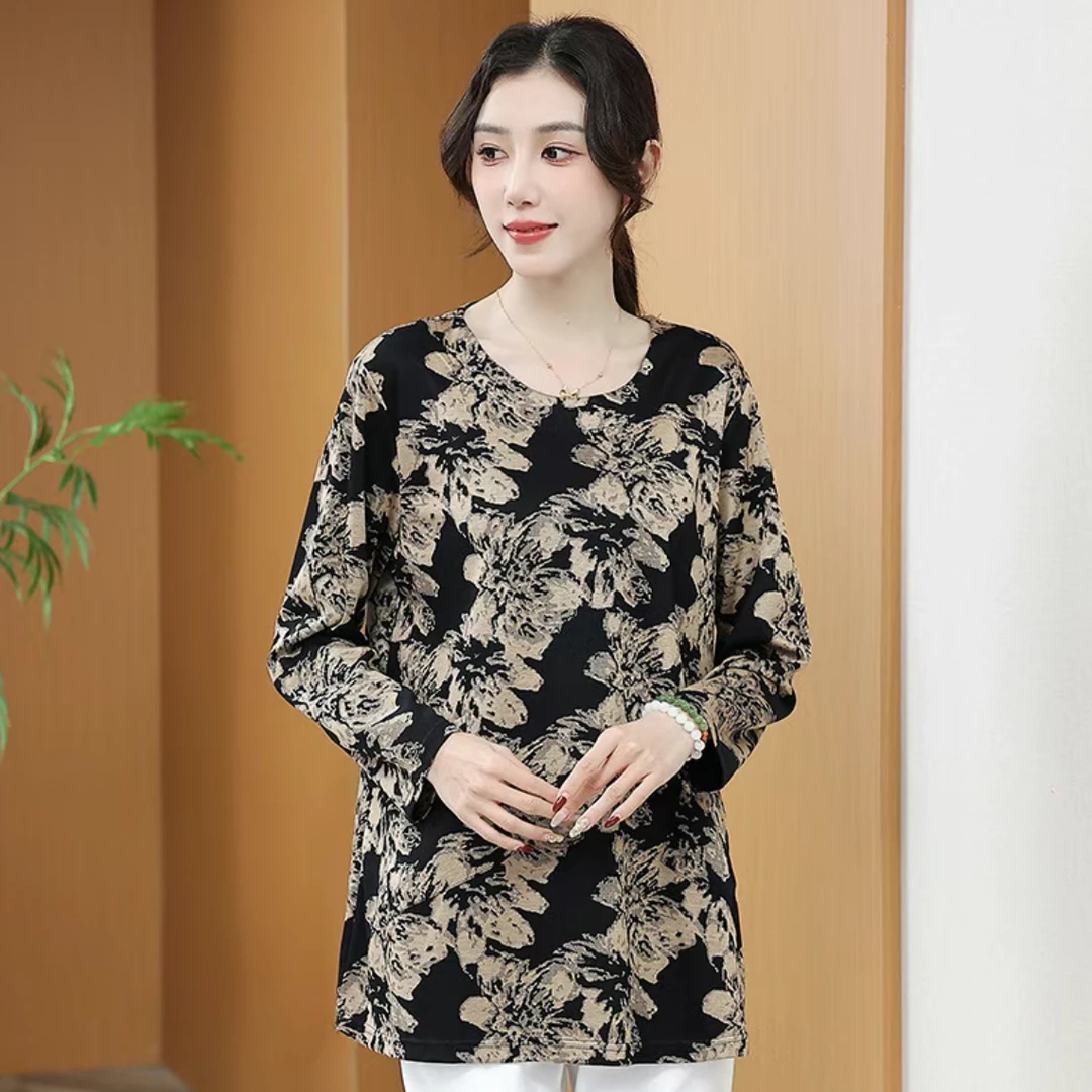 2025春季新款时尚妈妈装圆领中长款印花大码洋气遮肚显瘦长袖