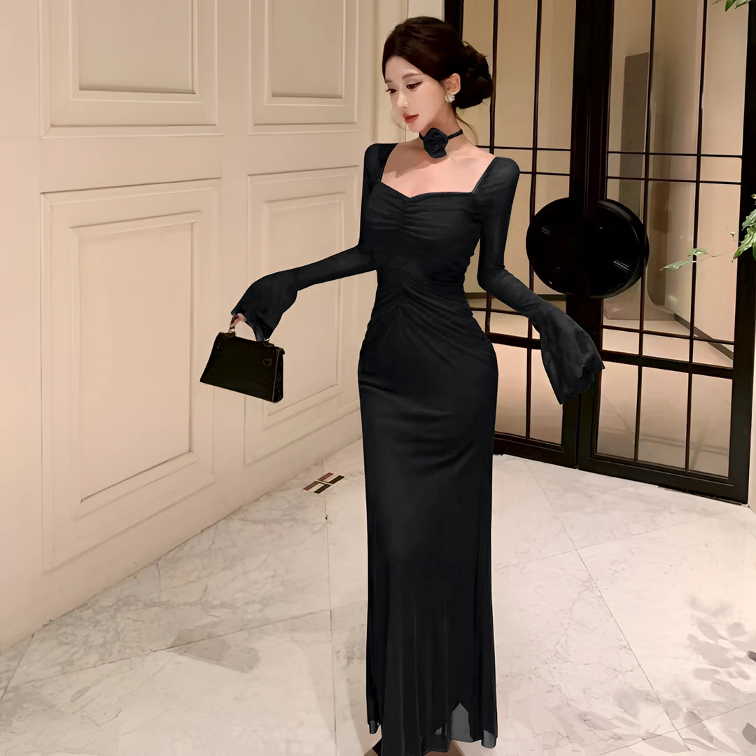 轻奢优雅法式高级感网纱褶皱一字肩喇叭袖长裙性感复古包臀礼服裙