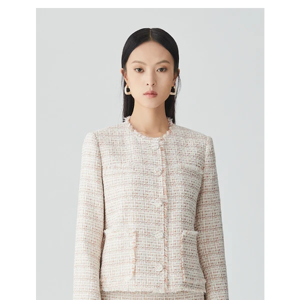 藕粉色棉制混纺圆领直身型短款西装YJA24026ACTW0B4