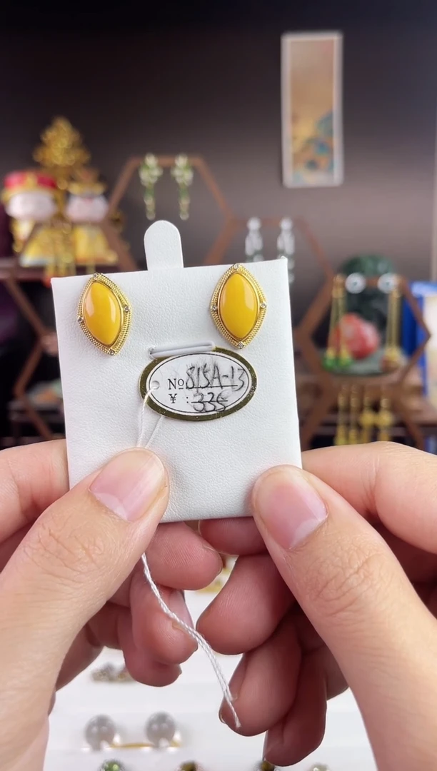 蜜蜡银S925镀金镶嵌耳饰，815A-13蜜蜡耳针