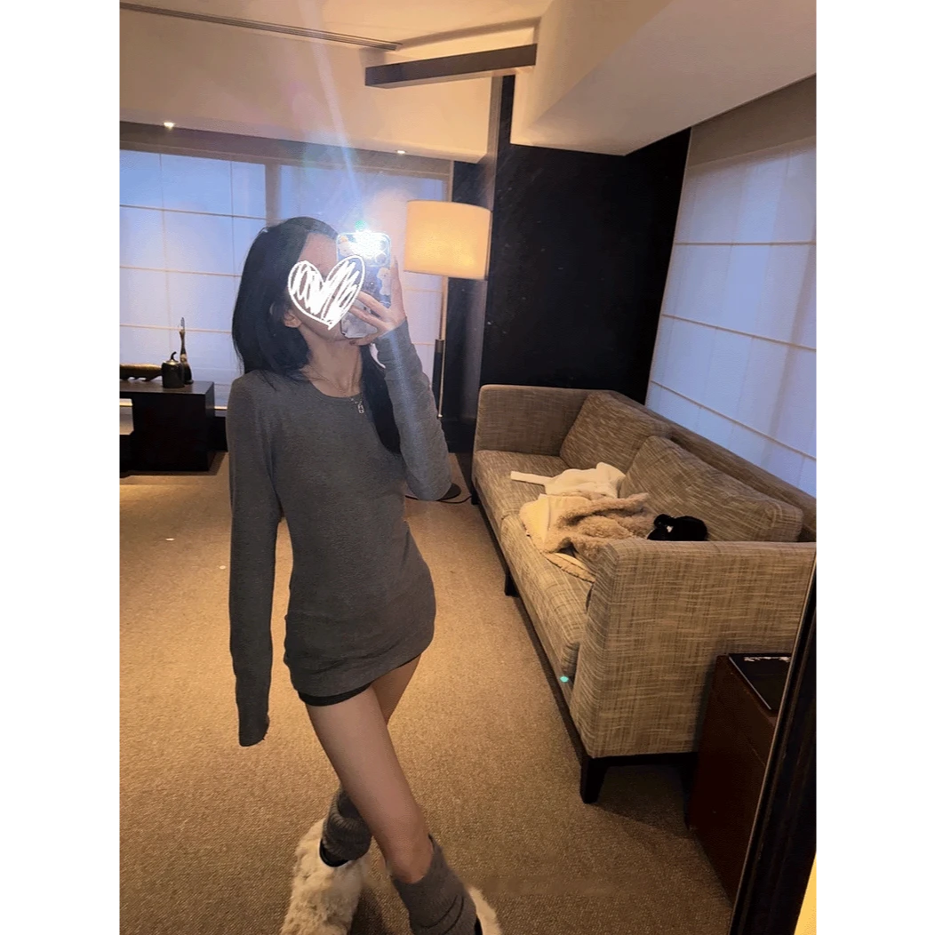 1079-加绒正肩长袖打底T恤女秋冬2025圆领内搭修身收腰长款上衣