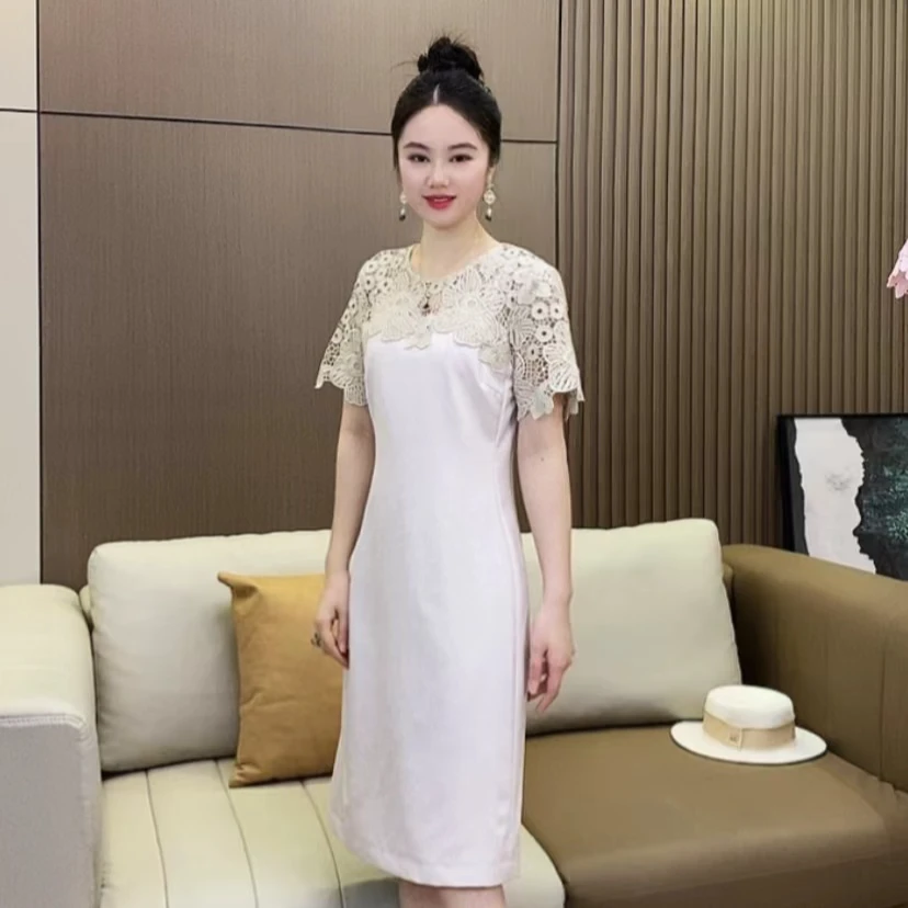 VISHMN夏季新款轻奢定制显瘦气质收腰减龄修身遮肉镂空连衣裙