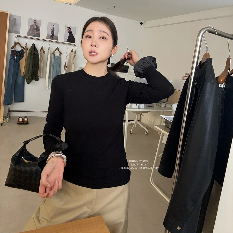 widelia陈姬儿半高领时尚极简休闲黑色修身个性设计感上衣女7056