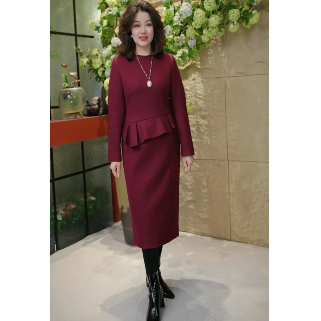 LUCK-荷叶假两件连衣裙-2025秋冬款澳洲羊毛高级感修身气质设计师