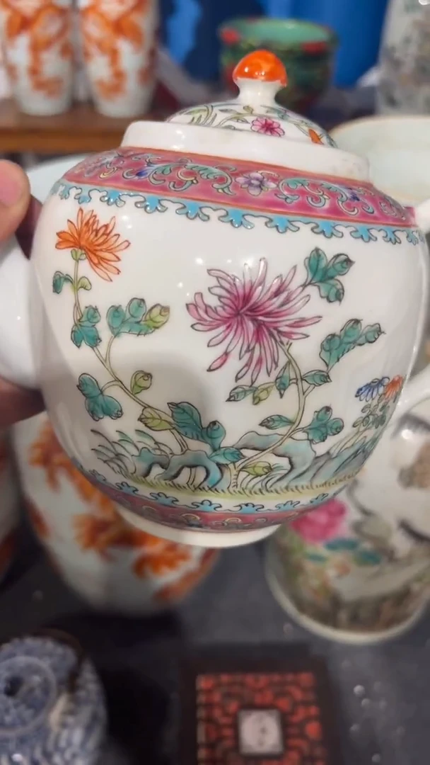 摆件瓷摆件瓷摆件高端粉圈竹节壶