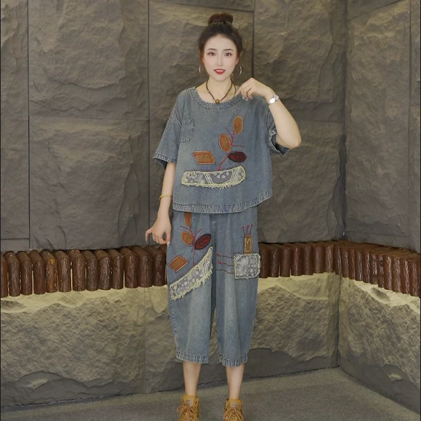 夏季新款薄款短袖大码圆领拼接宽松民族风提花八分裤牛仔套装2611