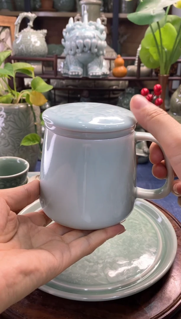 耀州窑 微瑕 天青牡丹素面茶漏杯【b000119】1只