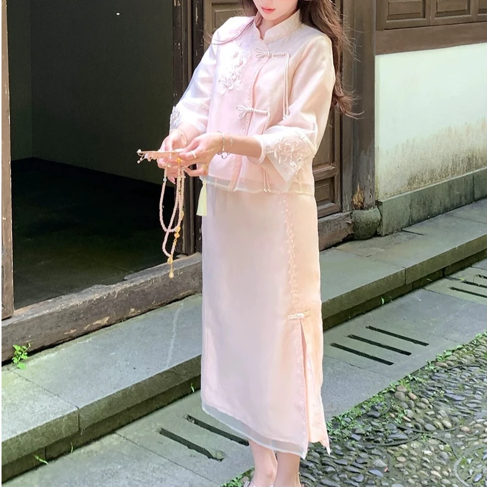 【山茶恋曲】新中式上衣重工刺绣盘扣粉色衬衫半身裙套装