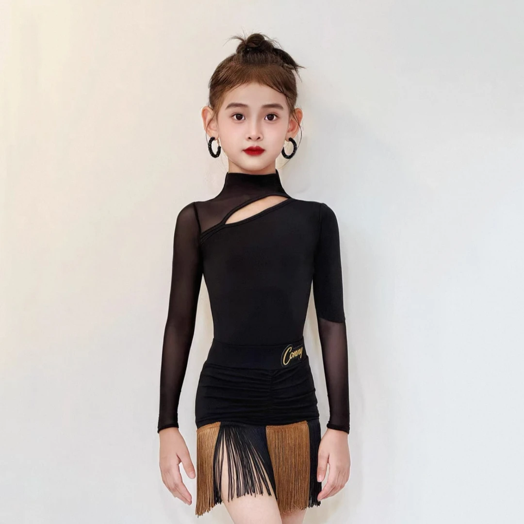 CONNY拉丁舞服女儿童日常舞蹈练功半身裙网纱长袖上衣表演出套装