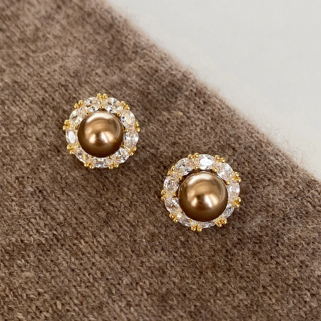 铜合金耳饰 复古美拉德锆石咖色珠珠耳钉时尚气质高级感秋冬耳饰