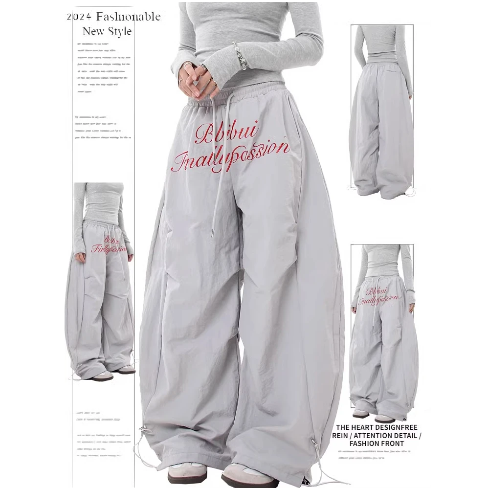 美式街头灰色刺绣褶皱伞兵工装裤女阔腿弯刀束脚休闲卫裤