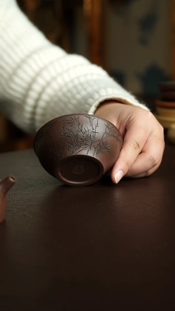 茶杯紫砂66号 李建军老师紫玉金砂竹刻杯