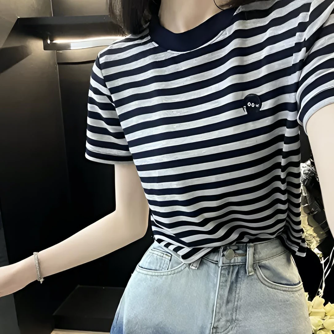 【条纹小猫刺绣】条纹圆领短袖百搭女士海军蓝T恤休闲修身夏季新款