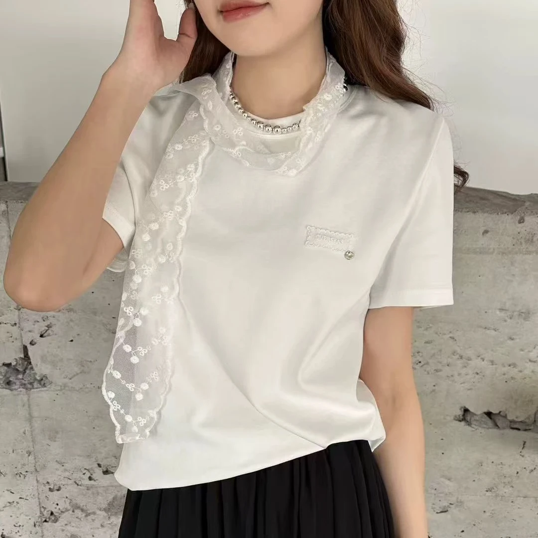 蕾丝围巾2025早春夏新款正肩显瘦纯色圆领短袖T恤女ins休闲百搭