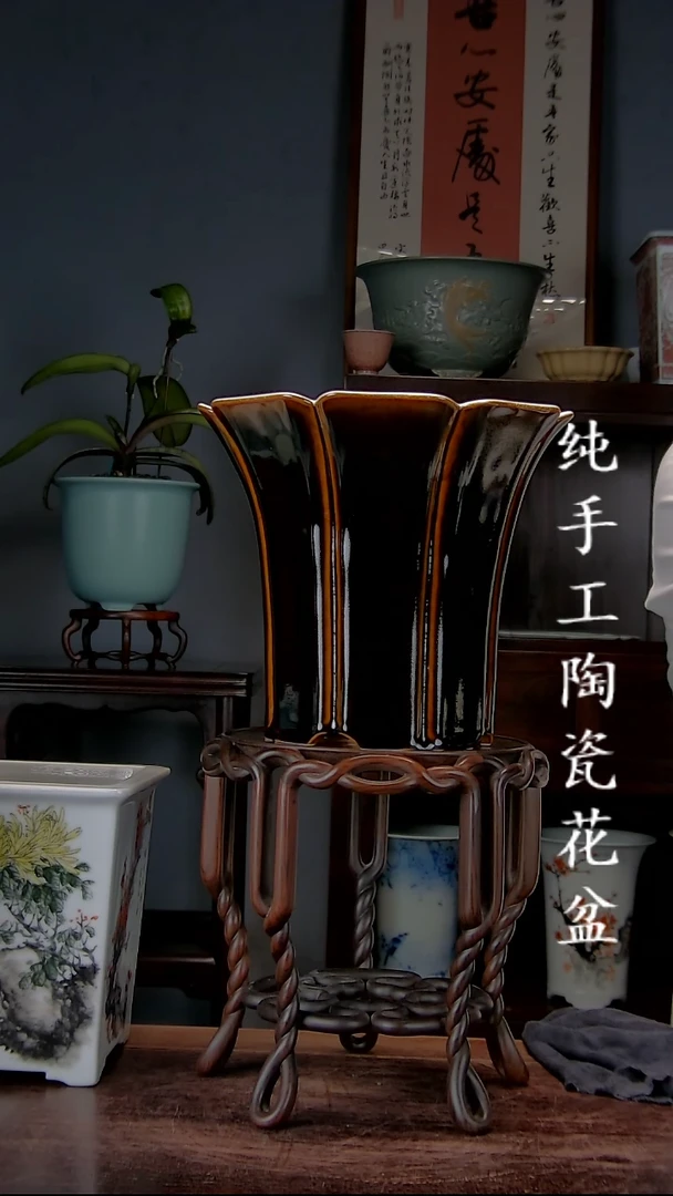 景德镇手工陶瓷花盆--带拖一套