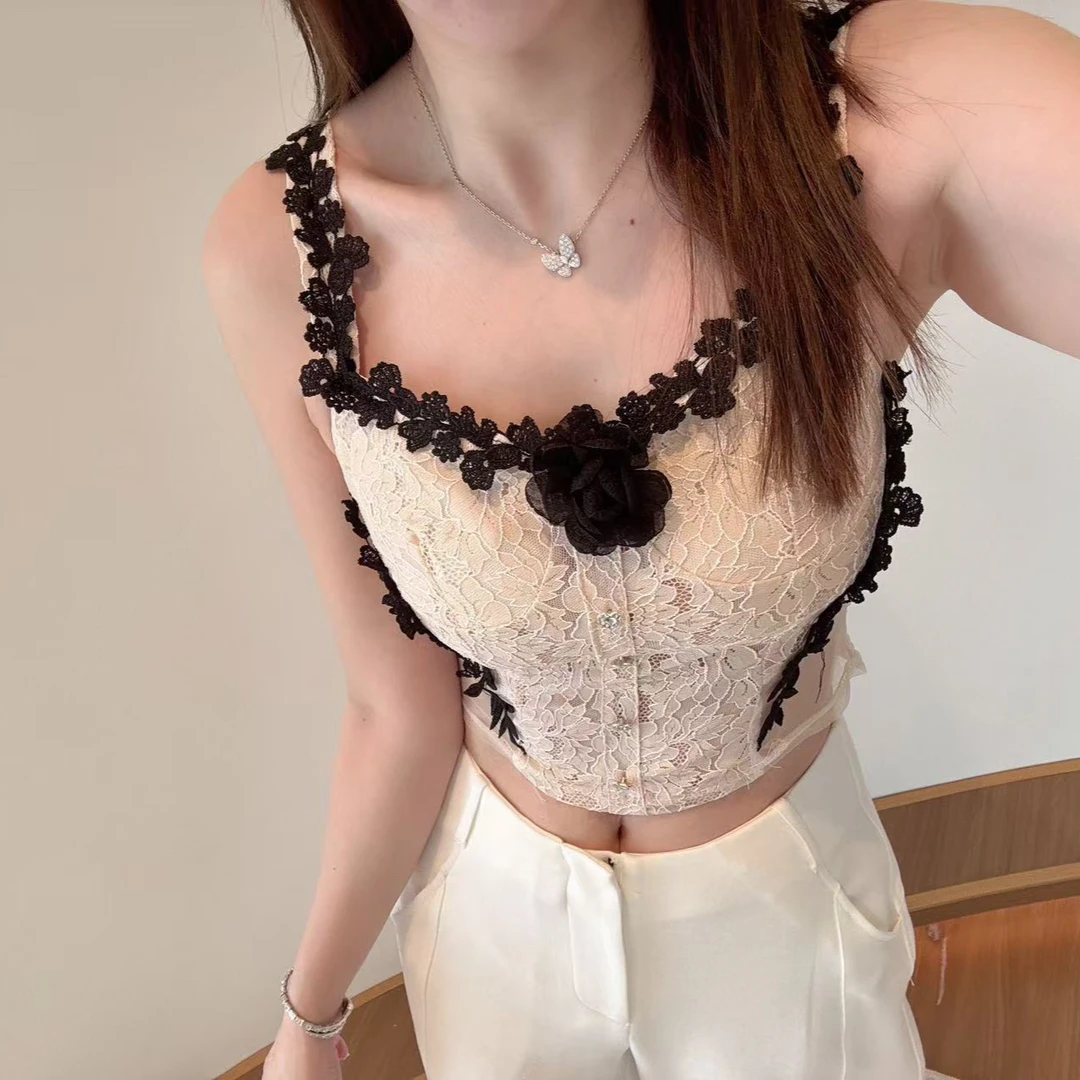 【时尚百搭】2025春季新款小香风穿搭名媛立体花朵撞色蕾丝吊带背心