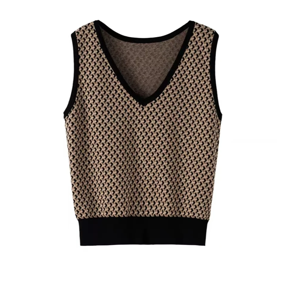 专柜正品针织衫马甲女秋冬款叠穿千鸟格时尚百搭V领纯棉上衣