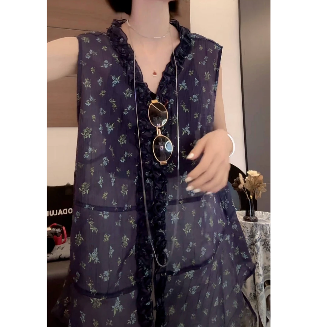 设计感轻纱碎花无袖坎肩背心女夏季2025新款通勤潮流法式气质上衣