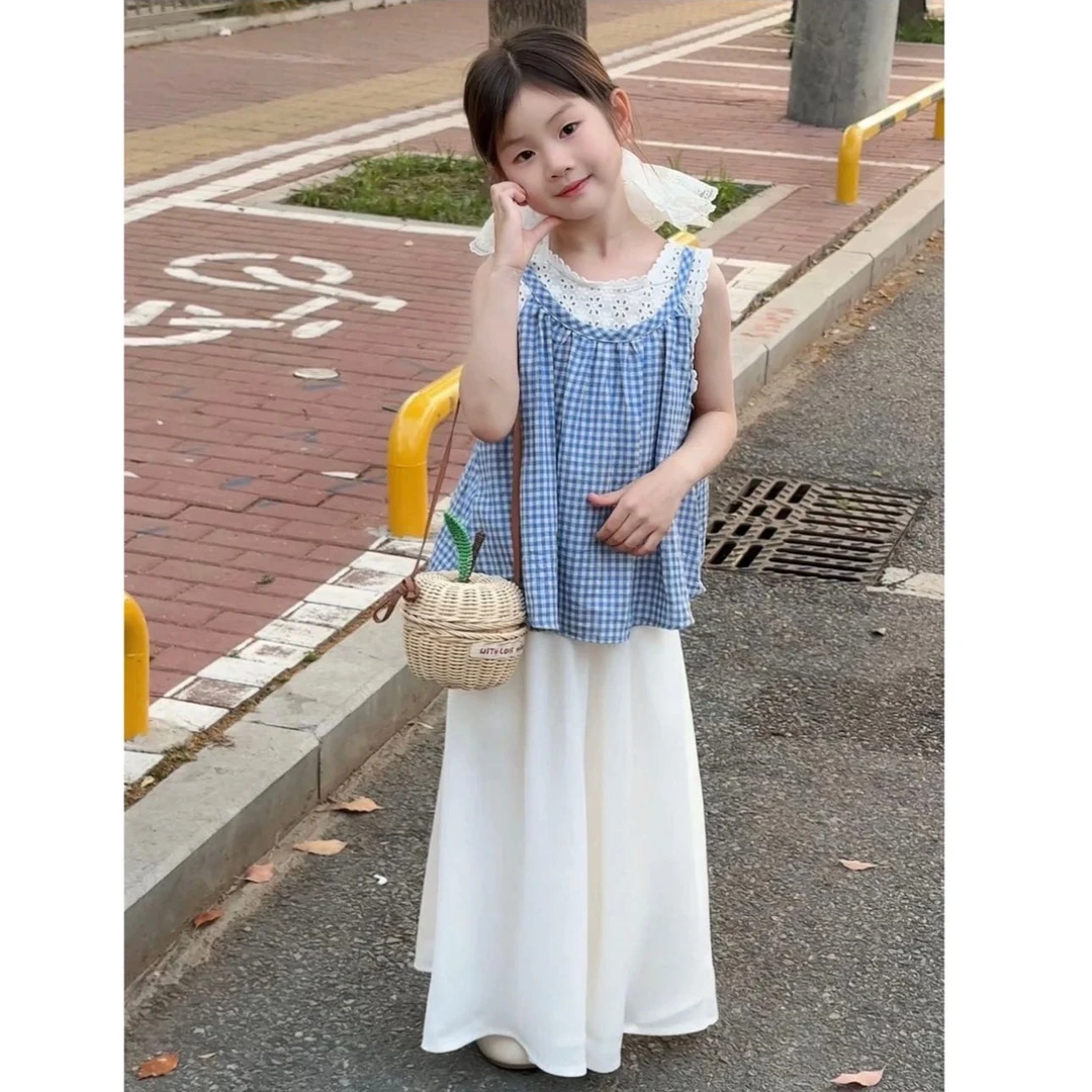 女童短袖夏季新款蕾丝假两件无袖儿童蓝色格子上衣白色裤子套装