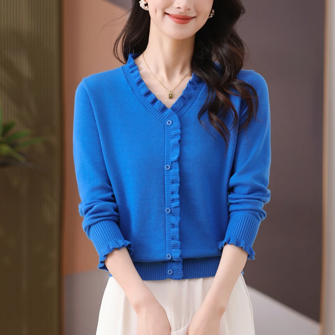 V领针织衫上衣女2025早春新款洋气减龄假开衫花边领套头衫打底衫