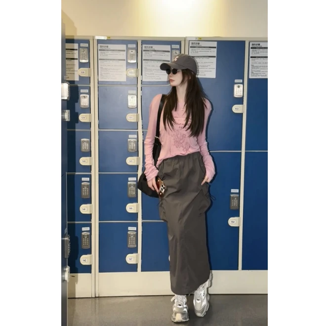 【NG·Studio】高腰松紧抽绳腰口袋工装半身裙百搭中长裙NGC5BSQ2304