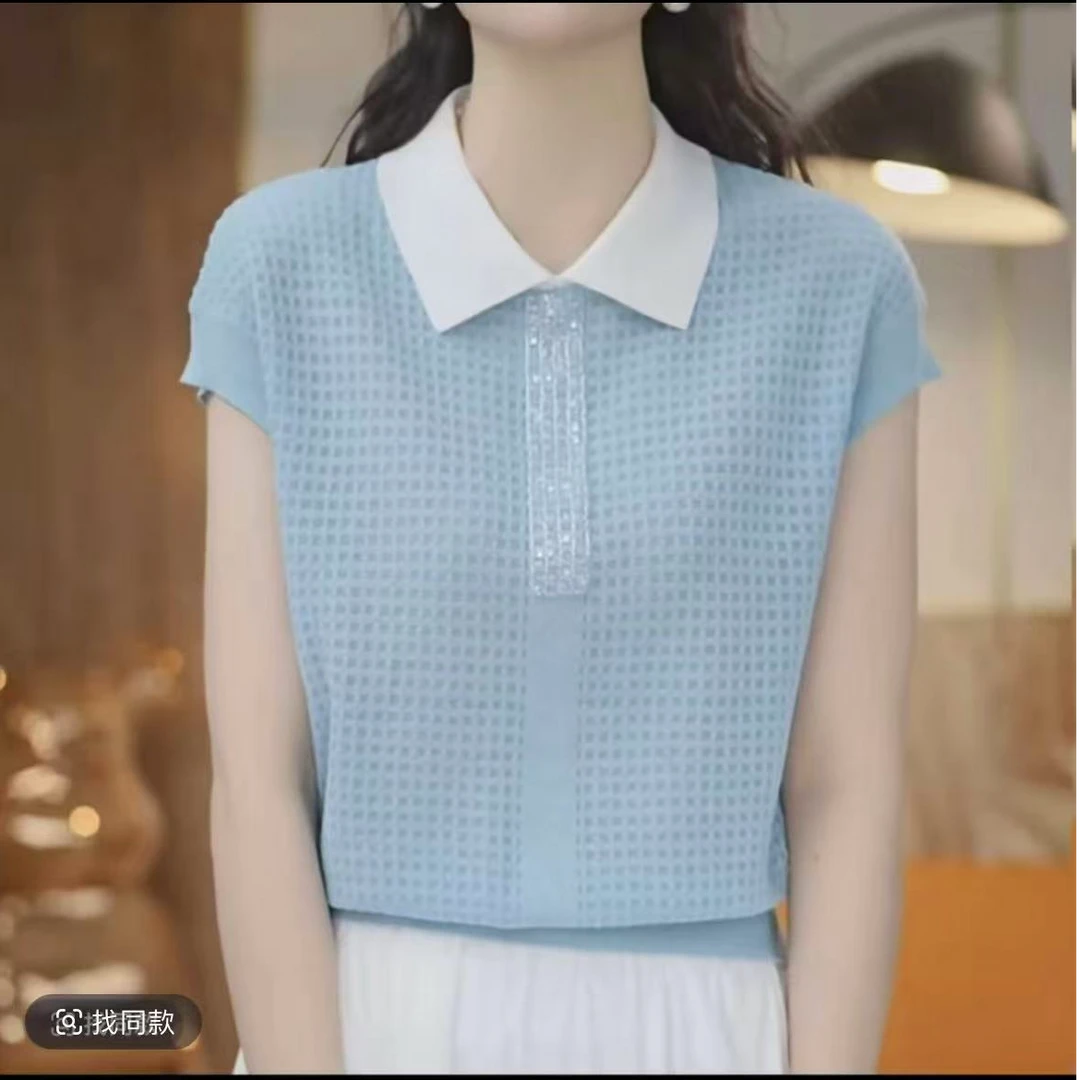 1夏季时尚休闲针织衫短袖百搭减龄翻领高级感显瘦上衣