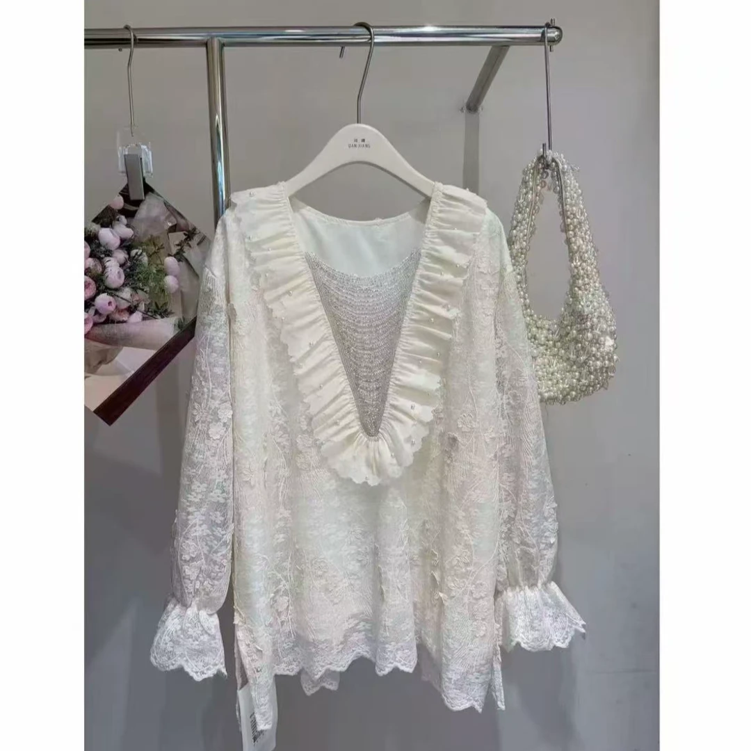 大码重工流苏蕾丝大版长袖流苏法式 刺绣上衣