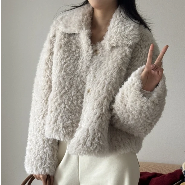 韩系翻领毛毛外套小个子女高级感皮毛一体上衣