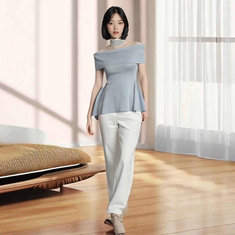 欧货气质时尚开叉一字肩露肩针织衫女夏季新款设计感甜美修身上衣
