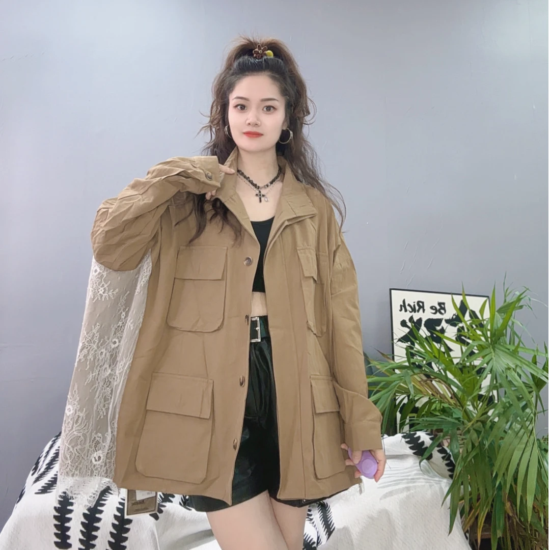 LY家683#水秋季侧边蕾丝后背格子拼接翻领休闲百搭宽松外套