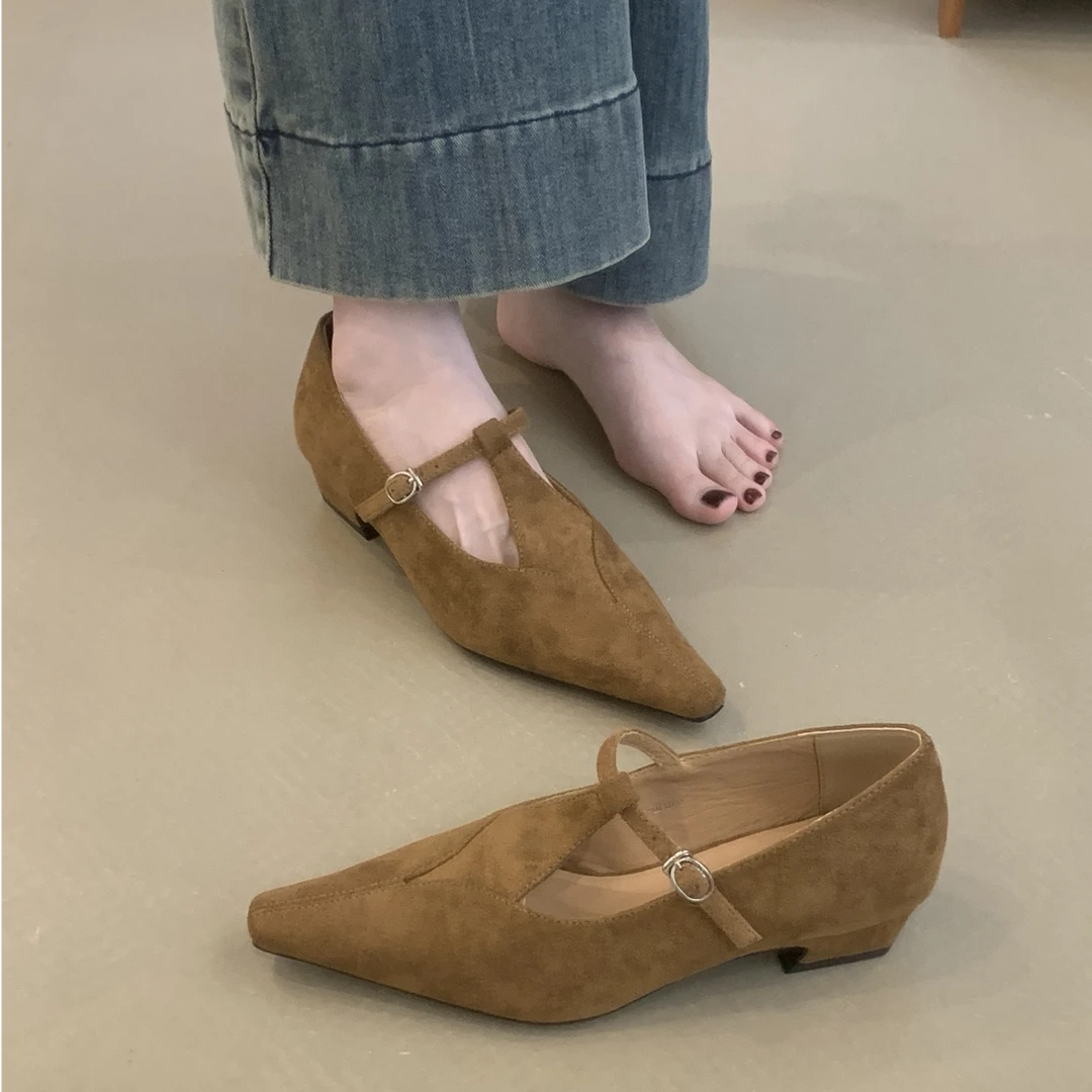 YN-UN616-1韩版气质优雅绒面尖头晚晚鞋女温柔仙女玛丽珍鞋女秋季