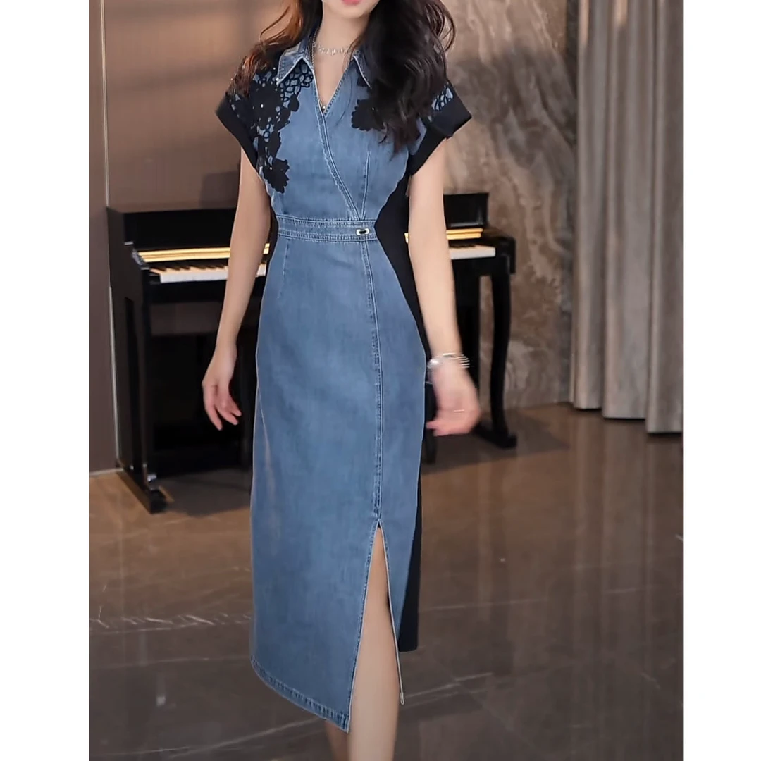邂逅优雅时尚休闲百搭连衣裙牛仔显瘦法式拼接裙子设计感高级感